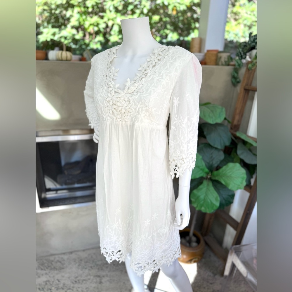 Betsey Johnson White Embroidered Floral Lace Boho Dress Size 14 Wedding